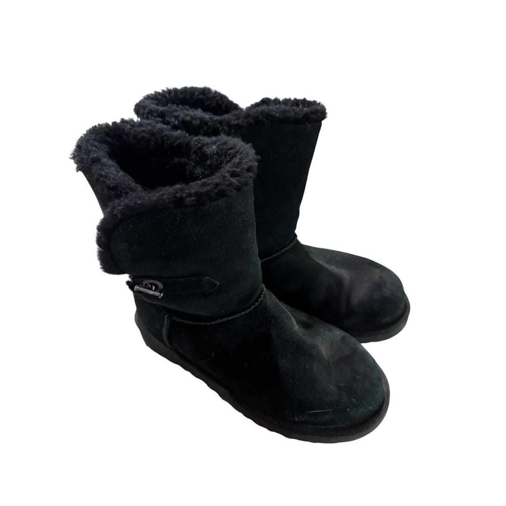 UGG Black Suede Fur Lined Mid Calf Boots with Chain Toggle Detail Womens